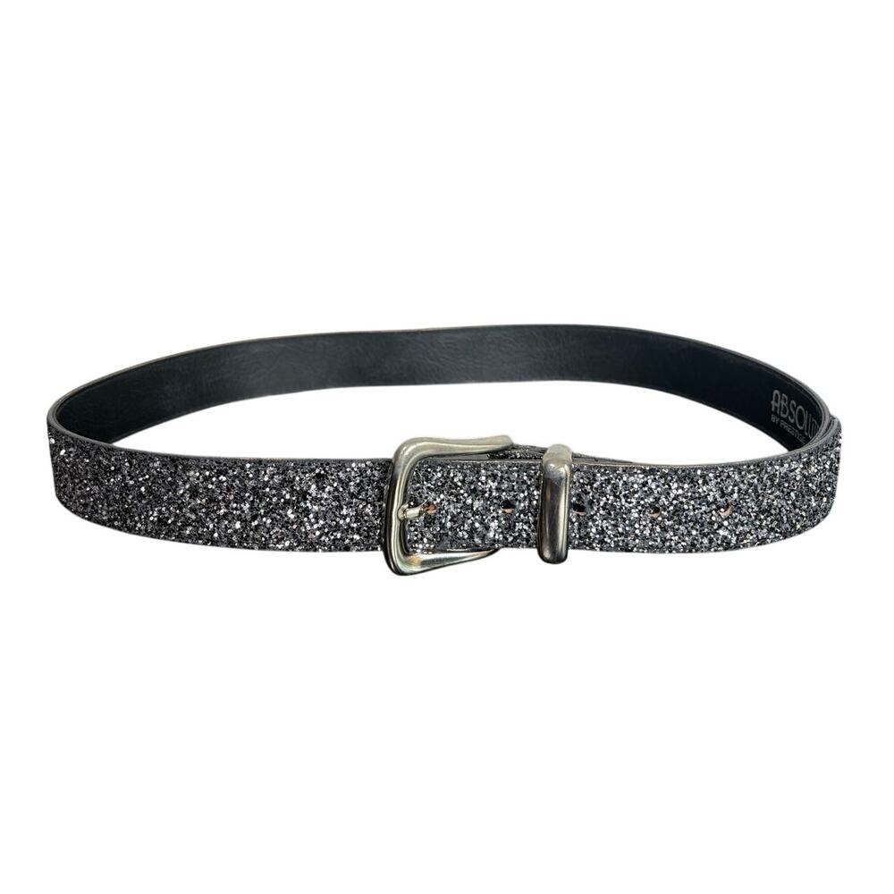 Vintage Prestige Leather- Silver Black Glitter Belt- Sz Large 36" Silver Buckle